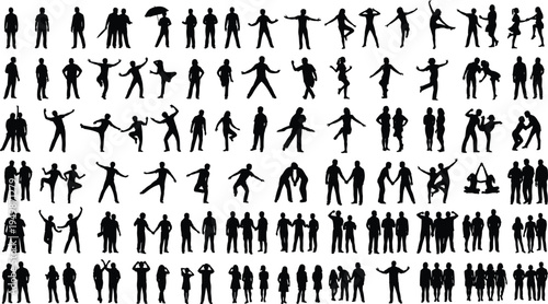 people silhouettes collection set, men women standing dancing walking posing group characters, human activity silhouette bundle vector illustration