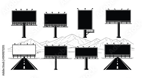 Black and white illustration of multiple billboards against a mountain range