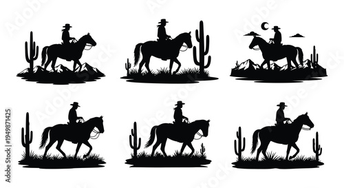 Silhouettes of cowboys on horseback amidst desert landscapes and cacti