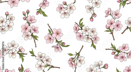 Cherry blossom branches with pink flowers and green leaves