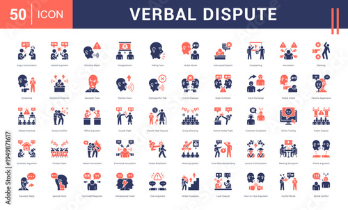 Verbal Dispute Icon Set. angry conversation, heated argument, shouting match, disagreement, yelling face and more. Glyph Dual Tone vector icons collection.