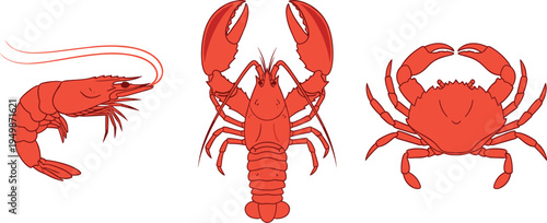 Seafood crustaceans vector set. Shrimp, lobster and crab illustrations in red silhouette style. Marine seafood collection for restaurant menu, cooking design, ocean food graphics.