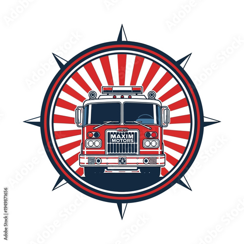 Vintage fire truck emblem with radiant sunburst background and compass points