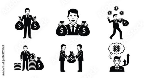 Black and white icons depicting business money and financial transactions