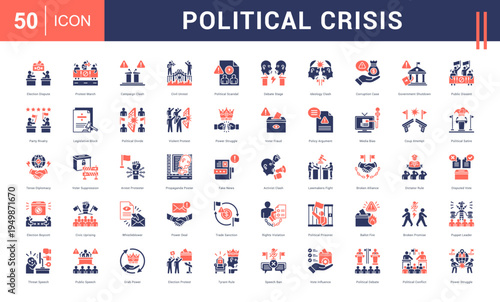 Political Crisis Icon Set. election dispute, protest march, campaign clash, civil unrest, political scandal and more. Glyph Dual Tone vector icons collection.