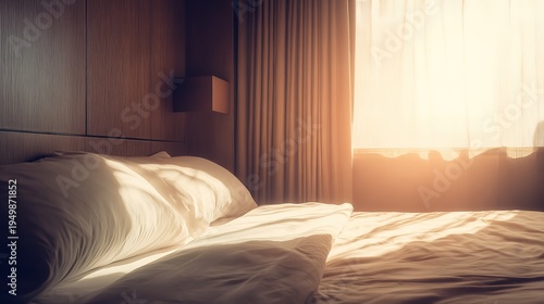 A serene hotel bedroom bathed in morning light, featuring a neatly made bed and minimalist decor.