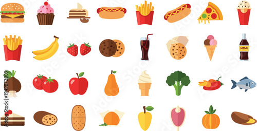 Fast Food Desserts Fruits and Vegetables Collection with Burger Pizza Fries Ice Cream and Healthy Ingredients Vector Illustration Set