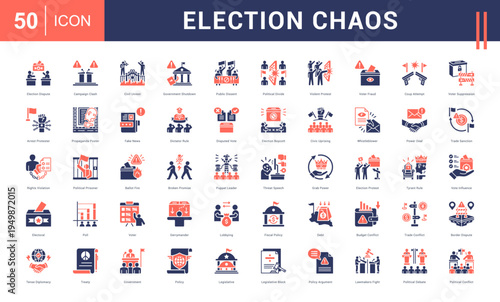 Election Chaos Icon Set. election dispute, campaign clash, civil unrest, government shutdown, public dissent and more. Glyph Dual Tone vector icons collection.