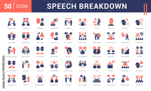 Speech Breakdown Icon Set. angry conversation, disagreement, verbal abuse, interrupted speech, complaining and more. Glyph Dual Tone vector icons collection.