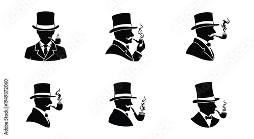 Silhouettes of a gentleman smoking a pipe in various poses