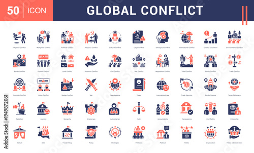 Global Conflict Icon Set. physical, workplace, political, religious, cultural and more. Glyph Dual Tone vector icons collection.