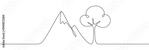 Continuous one line drawing of a mountain peak and a tree in minimalist nature. Editable stroke outline. Draw thin linear width. Single contour art. Doodle hand drawn vector illustration
