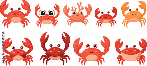 Cute crab cartoon character set. Funny sea crab mascots with different expressions. Marine ocean animal collection for kids illustration and beach design.