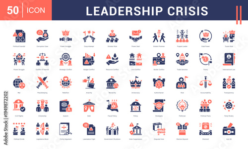 Leadership Crisis Icon Set. political scandal, corruption case, power struggle, coup attempt, dictator rule and more. Glyph Dual Tone vector icons collection.