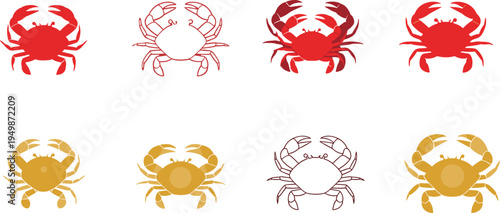 Crab silhouette vector collection. Red and gold marine crab icons in flat and outline styles. Ocean crustacean symbols for seafood and nautical design.