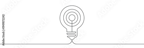 Continuous one line drawing of light bulb with target symbol for creative goal setting and innovation. Editable stroke outline. Single contour art. Doodle hand drawn vector illustration