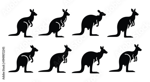 Silhouette illustrations of kangaroos in various walking and standing poses