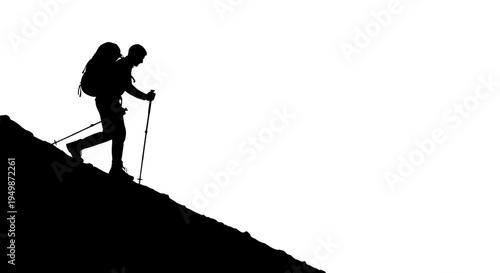 Hiker climbing mountain with backpack.