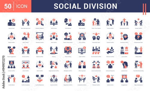 Social Division Icon Set. identity clash, mixed marriage issue, religious rejection, faith division, faith bullying and more. Glyph Dual Tone vector icons collection.
