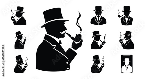 Silhouettes of a gentleman smoking a pipe in various poses