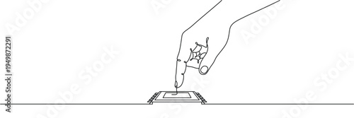 Continuous one line drawing of human hand touching computer microchip processor for technology hardware engineering. Editable stroke outline. Single contour art. Doodle hand drawn vector illustration