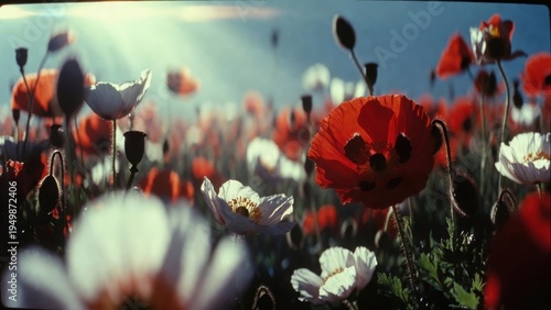 Vibrant red and white poppies in sunlit field under clear sky.
