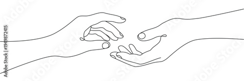Continuous one line drawing of two hands reaching out to touch for support and connection. Editable stroke outline. Draw thin linear width. Single contour art. Doodle hand drawn vector illustration