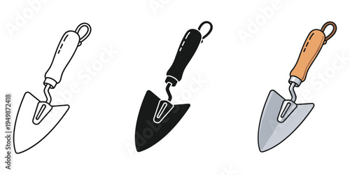 Three trowels with different handle colors and styles