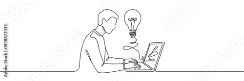Continuous one line drawing of man working on laptop with lightbulb idea symbol. Editable stroke outline. Draw thin linear width. Single contour art. Doodle hand drawn vector illustration