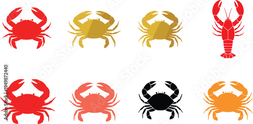 Crab and lobster silhouette collection. Marine crustacean vector icons in flat colors. Ocean seafood shapes for nautical and restaurant design.