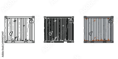 A set of three shipping containers with locks on them