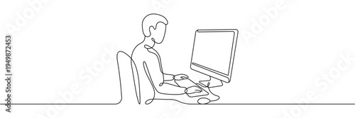 Continuous one line drawing of man sitting at desk working on desktop computer. Editable stroke outline. Draw thin linear width. Single contour art. Doodle hand drawn vector illustration