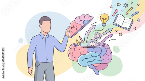Creative illustration of a person removing a brain half and revealing innovation, learning, and idea generation concept with colorful gears and lightbulb