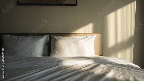 A serene hotel bedroom bathed in morning light, featuring a neatly made bed and minimalist decor.