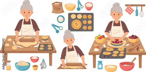 Grandmother Baking Homemade Pies Vector Illustration Set Featuring Rolling Dough, Preparing Pastries, Fruit Filling and Traditional Kitchen Cooking Scene