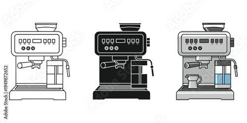 Three coffee machines with different designs and color schemes