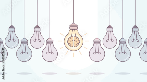 Creative illustration of lightbulbs representing ideas and innovation with a central glowing bulb featuring a brain symbol for innovation and creativity