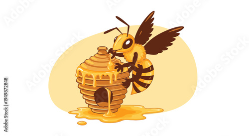 Bee flying near honey hive structure.