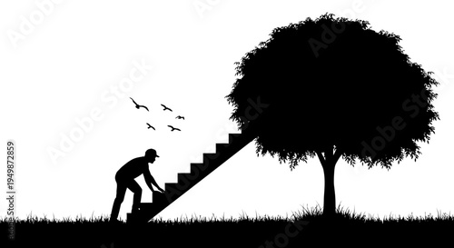 Man climbing stairs to tree silhouette.