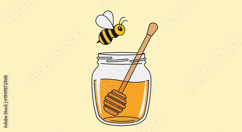 Bee flying over honey jar.