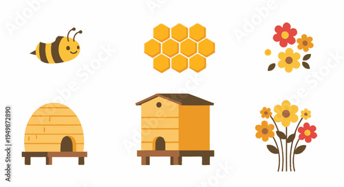 Beehive and honeycomb with flowers.