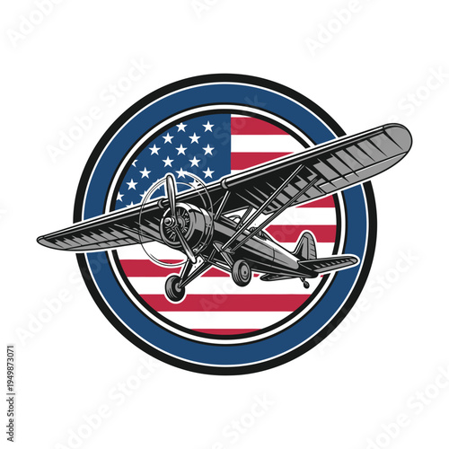 Vintage biplane soaring over an american flag emblem