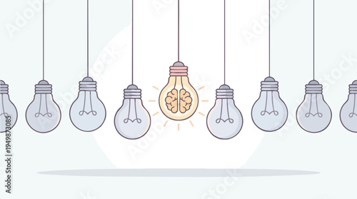 Creative light bulbs with brain illustration hung together symbolizing innovative thinking and idea generation for business and educational concepts