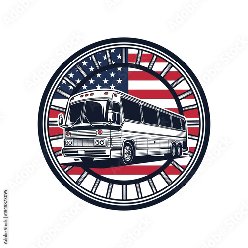 Vintage bus surrounded by global flags in circular design