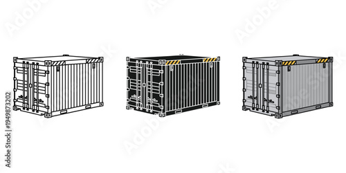 Three different views of shipping containers