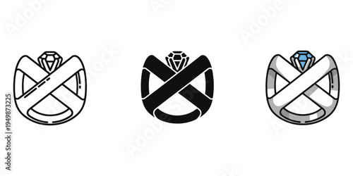 Three variations of a stylized ring design with a diamond