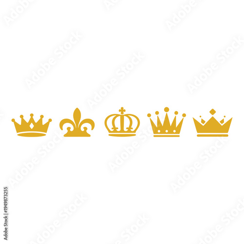 Royal crown icon set golden king and queen crown silhouette collection, luxury regal headpiece symbols for monarchy authority royalty and ceremonial design