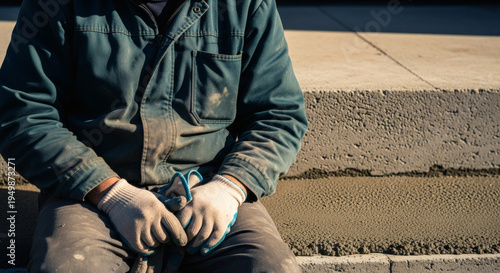 Construction worker sitting on concrete steps, wearing work gloves