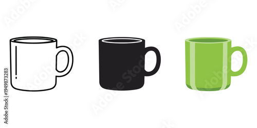Three different colored coffee mugs on a white background
