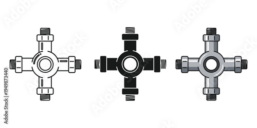 A set of three different cross-shaped pipe fittings
